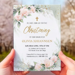 Soft Pink Watercolor Flowers Greenery Christening Invitation