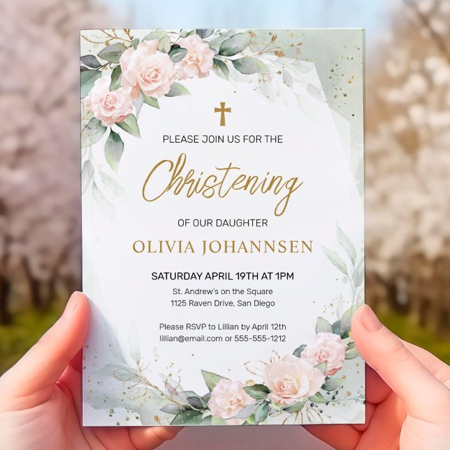 Soft Pink Watercolor Flowers Greenery Christening Invitation (Creator Uploaded)