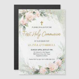 Soft Pink Watercolor Flowers Greenery Communion Magnetic Invitation
