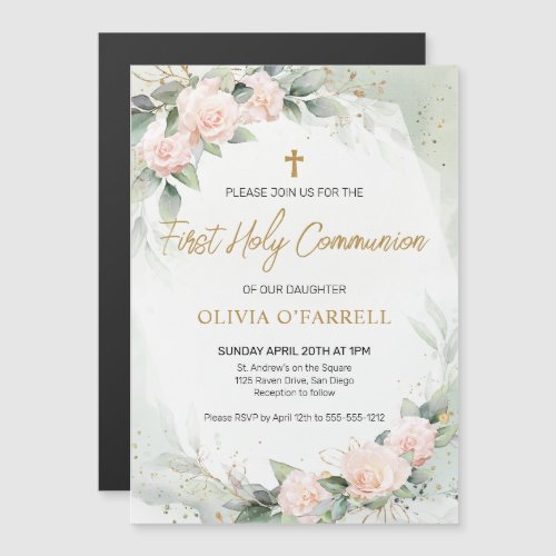 Soft Pink Watercolor Flowers Greenery Communion Magnetic Invitation