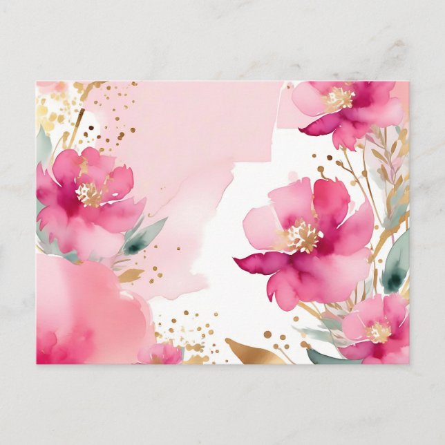 Soft Pink Watercolor Flowers With Gold Postcard (Front)