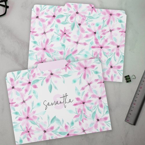 Soft Pink Watercolor Flowers with Green Leaves File Folder