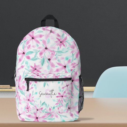 Soft Pink Watercolor Flowers with Green Leaves Printed Backpack