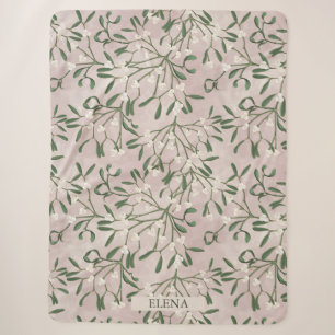 Soft Pink Whimsical Christmas Mistletoe & Berries Sherpa Blanket
