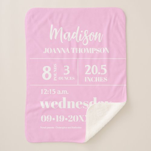 Soft Pink White Custom Baby Girl birth Information Sherpa Blanket