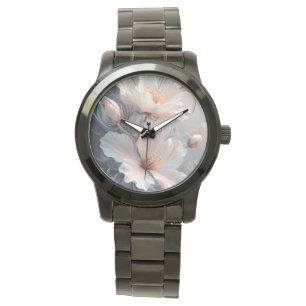 Soft Pink & White Floral Art Metal Watch – Elegant