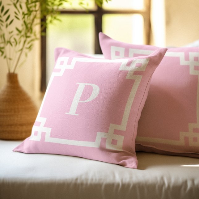 Soft Pink White Greek Key Border Monogram Throw Pillow (Soft Pink White Greek Key Border Monogram Throw Pillow)