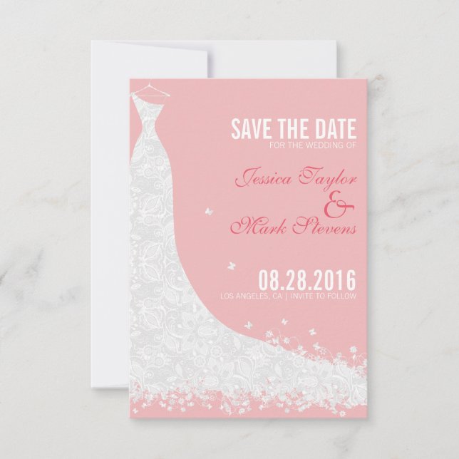 Soft Pink & White Lace Wedding Dress Save The Date (Front)