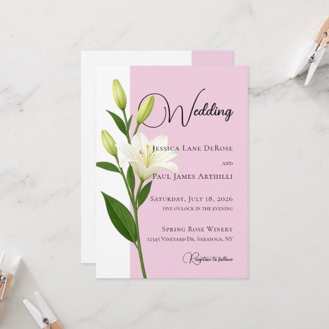 Soft Pink White Lilly Wedding Invitation (Front/Back In Situ)