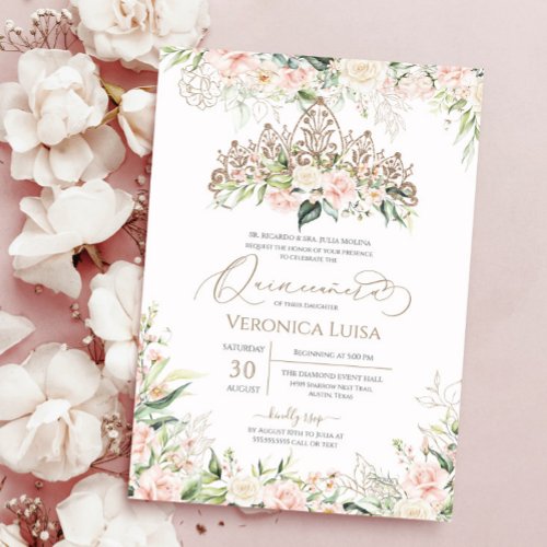 Soft Pink  White Roses Elegant Luxury Quinceanera Invitation
