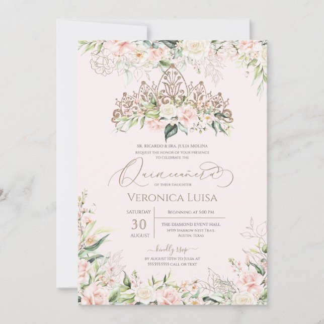 Soft Pink & White Roses Elegant Luxury Quinceanera Invitation (Front)