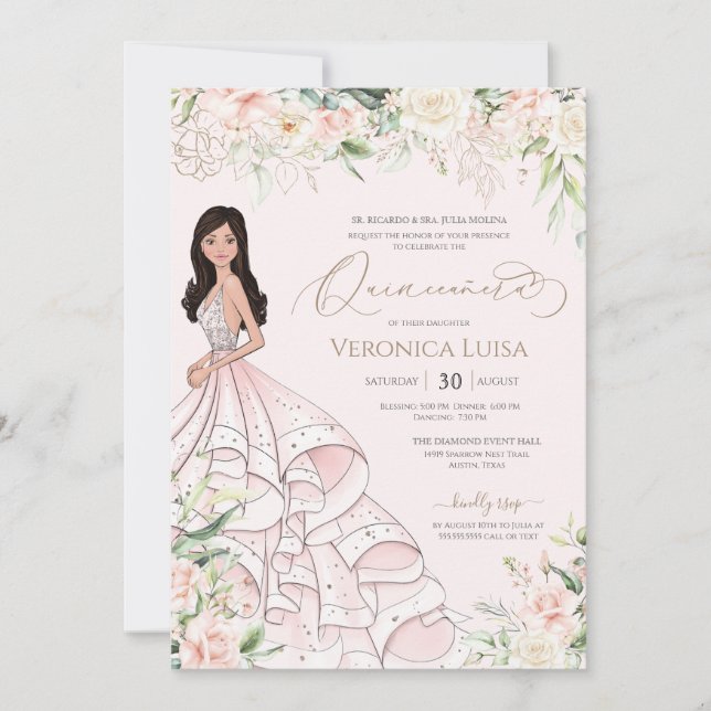 Soft Pink & White Roses Elegant Luxury Quinceanera Invitation (Front)