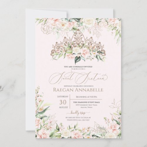 Soft Pink White Roses Elegant Sweet 16 Birthday In Invitation