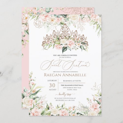 Soft Pink White Roses Elegant Sweet 16 Birthday Invitation