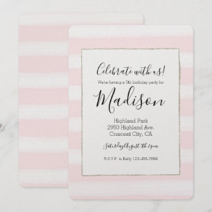 Soft Pink White Stripes Watercolor Birthday Invitation