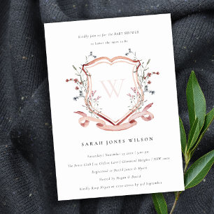 Soft Pink Wildflower Monogram Crest Baby Shower Invitation