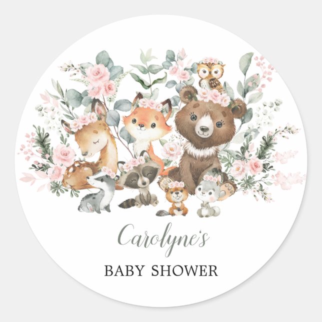Soft Pink Woodland Animals Eucalyptus Baby Shower Classic Round Sticker (Front)