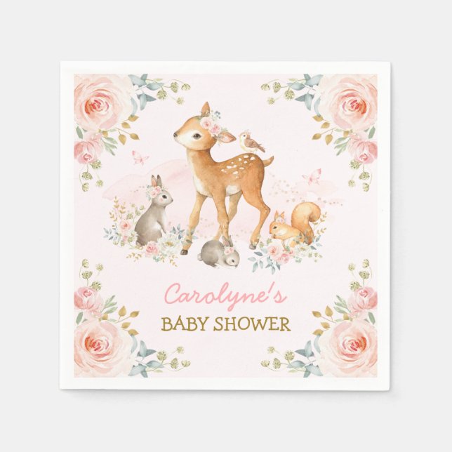 Soft Pink Woodland Forest Animals Floral Shower Napkins (Front)