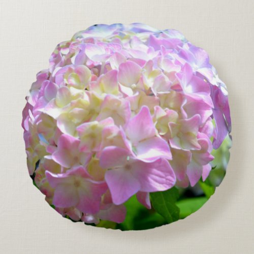 Soft pink yellow purple hydrangeas flowers round pillow