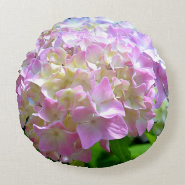 Soft pink yellow purple hydrangeas flowers round pillow (Front)