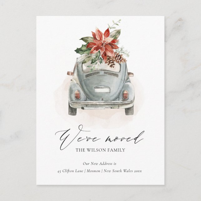 Soft Poinsettia Floral Christmas Car We have Moved Postcard (Front)