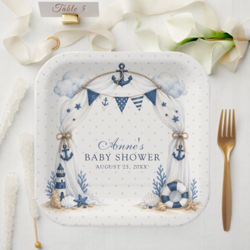 Soft Polka Dot Lighthouse Nautical Ahoy It's a Boy Paper Plates