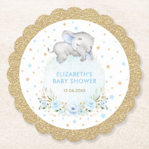 Soft Powder Blue Gold Stars Elephant Baby Shower Paper Coaster