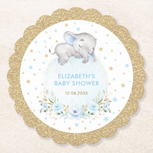 Soft Powder Blue Gold Stars Elephant Baby Shower Paper Coaster