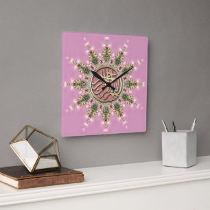 Soft Pretty Pink Gold Bismillah Arabic Calligraphy Square Wall Clock