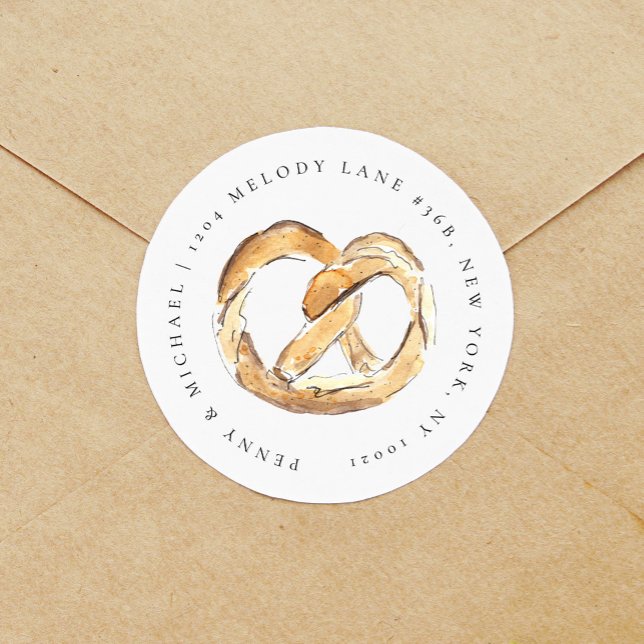 Soft Pretzel Watercolor Return Address Classic Round Sticker (Watercolor soft pretzel New York City return address label round sticker.)