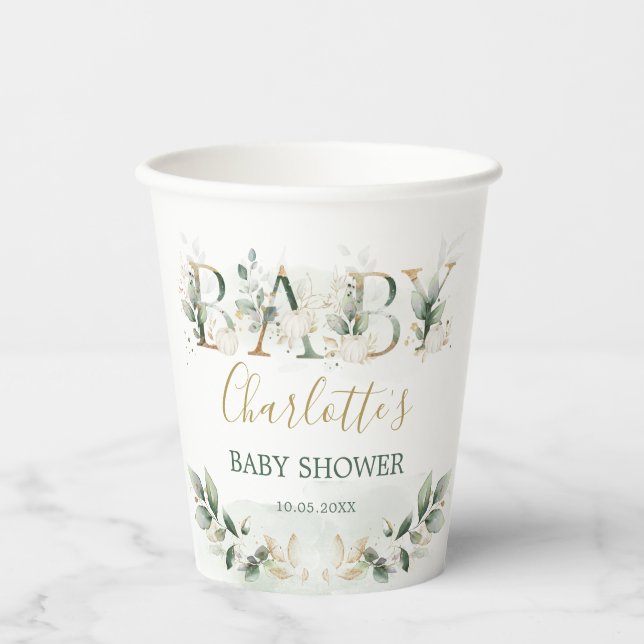 Soft Pumpkin Greenery Gold Neutral Baby Shower Paper Cups (Front)