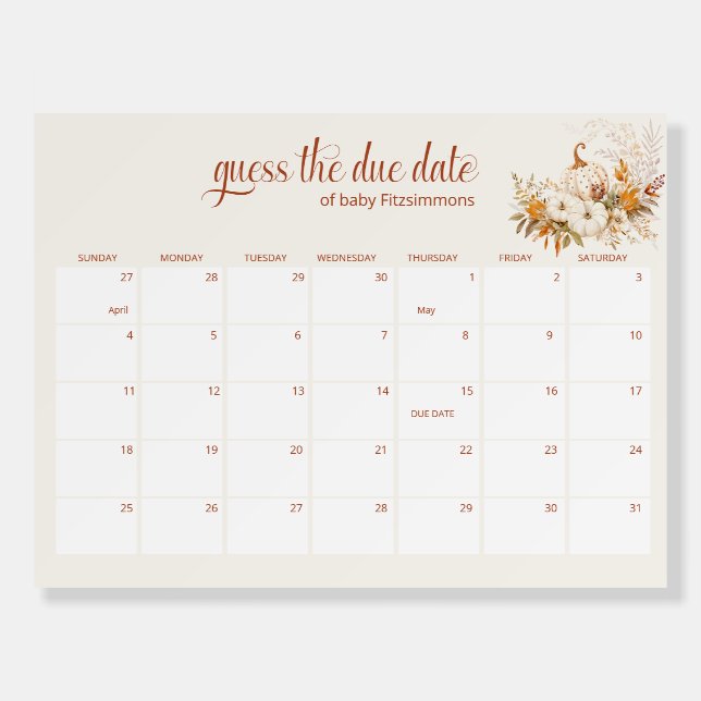 Soft Pumpkin Guess the Due Date Baby Shower Game Foam Board (Front)