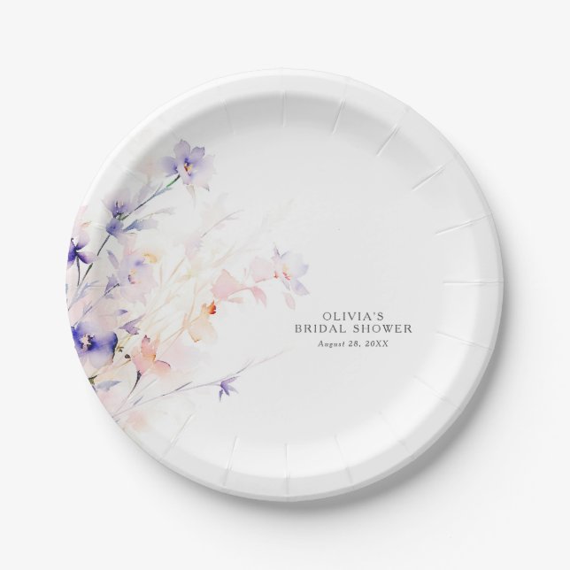 Soft Purple and Blush Flowers Elegant Minimalist Paper Plates (Front)