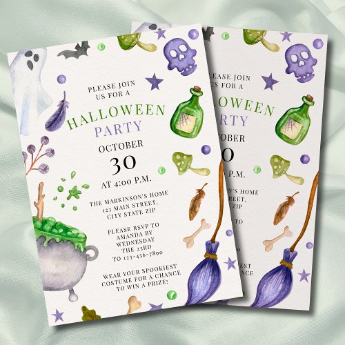 Soft Purple and Green Watercolor Halloween Party Invitation