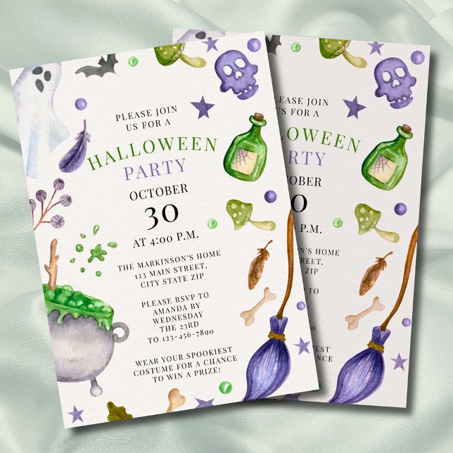 Soft Purple and Green Watercolor Halloween Party Invitation (Creator Uploaded)