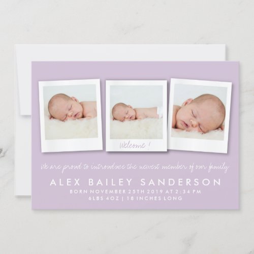Soft Purple Birth Announcement Triple Photo Card