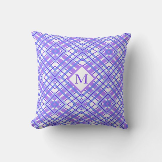 Soft Purple & Blue Pastel Plaid Monogram Throw Pillow (Front)