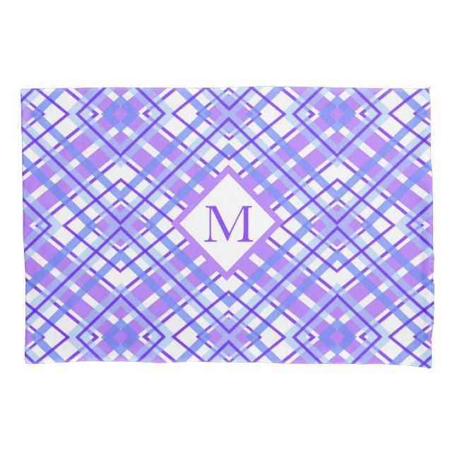 Soft Purple Blue Plaid Pastel Monogram Personalize Pillow Case (Front)