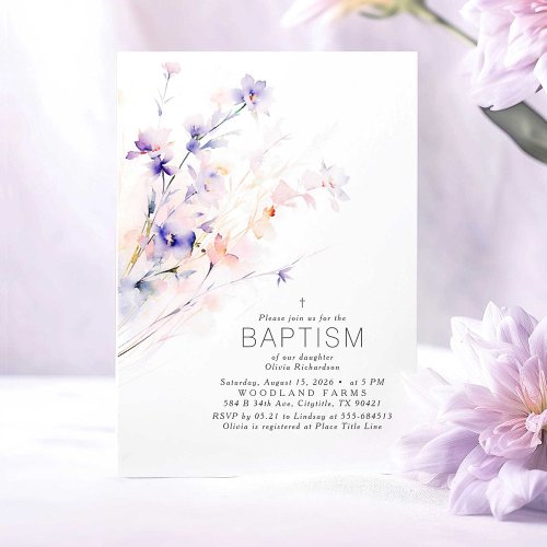 Soft Purple  Blush Flowers Elegant Baptism Invitation