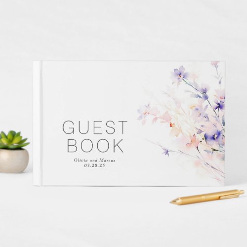 Soft Purple Blush Flowers Minimalist Wedding Guest Book