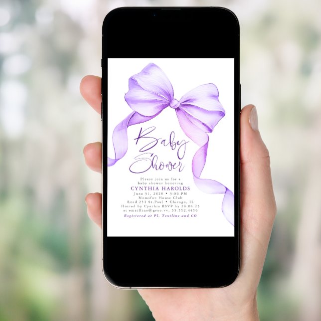 Soft Purple Bow Cute Elegant Baby Shower Invitation (Front Digital)