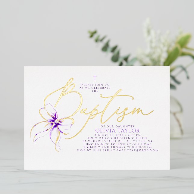 Soft Purple Bow Elegant Minimalist Modern Baptism Foil Invitation (Standing Front)