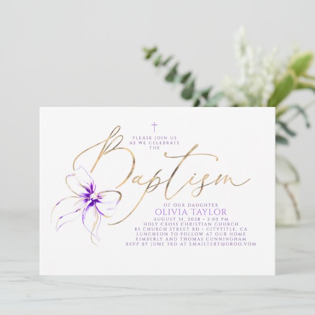 Soft Purple Bow Elegant Minimalist Modern Baptism Invitation (Standing Front)