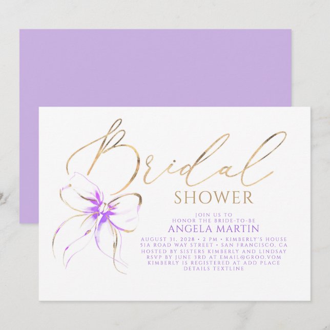 Soft Purple Bow Elegant Romantic Bridal Shower Invitation (Front/Back)