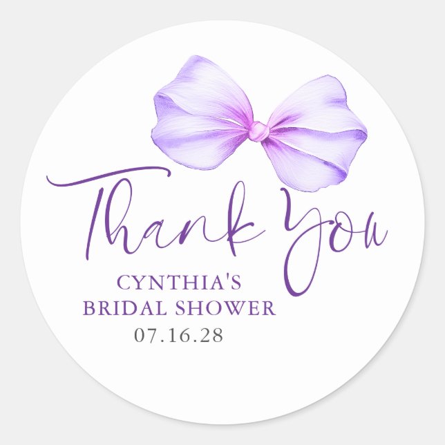 Soft Purple Bow Favors Thank You  Classic Round Sticker (Front)