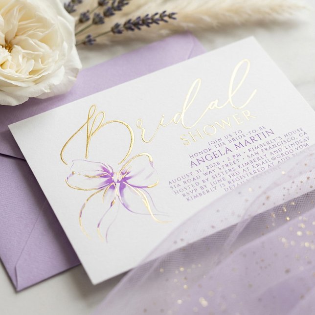 Soft Purple Bow She's Tying The Knot Bridal Shower Foil Invitation (Light Purple Bow Gold Foil Bridal Shower Invitation)