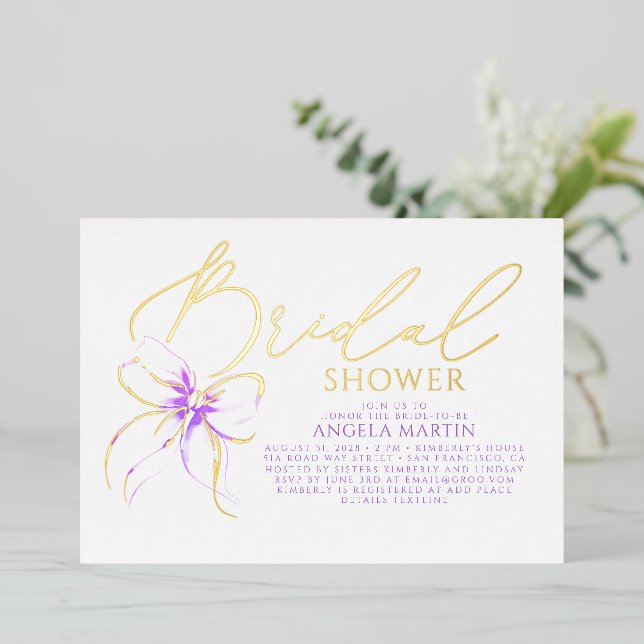 Soft Purple Bow She's Tying The Knot Bridal Shower Foil Invitation (Standing Front)