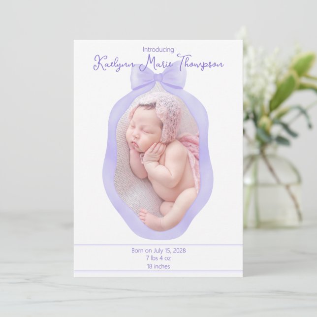 Soft Purple Coquette Bow Ribbon Birth Announcement (Standing Front)