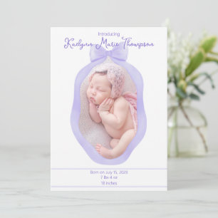 Soft Purple Coquette Bow Ribbon Birth Announcement