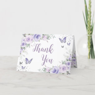 Soft Purple Floral Butterflies Silver Quinceañera Letterpress Thank You Card